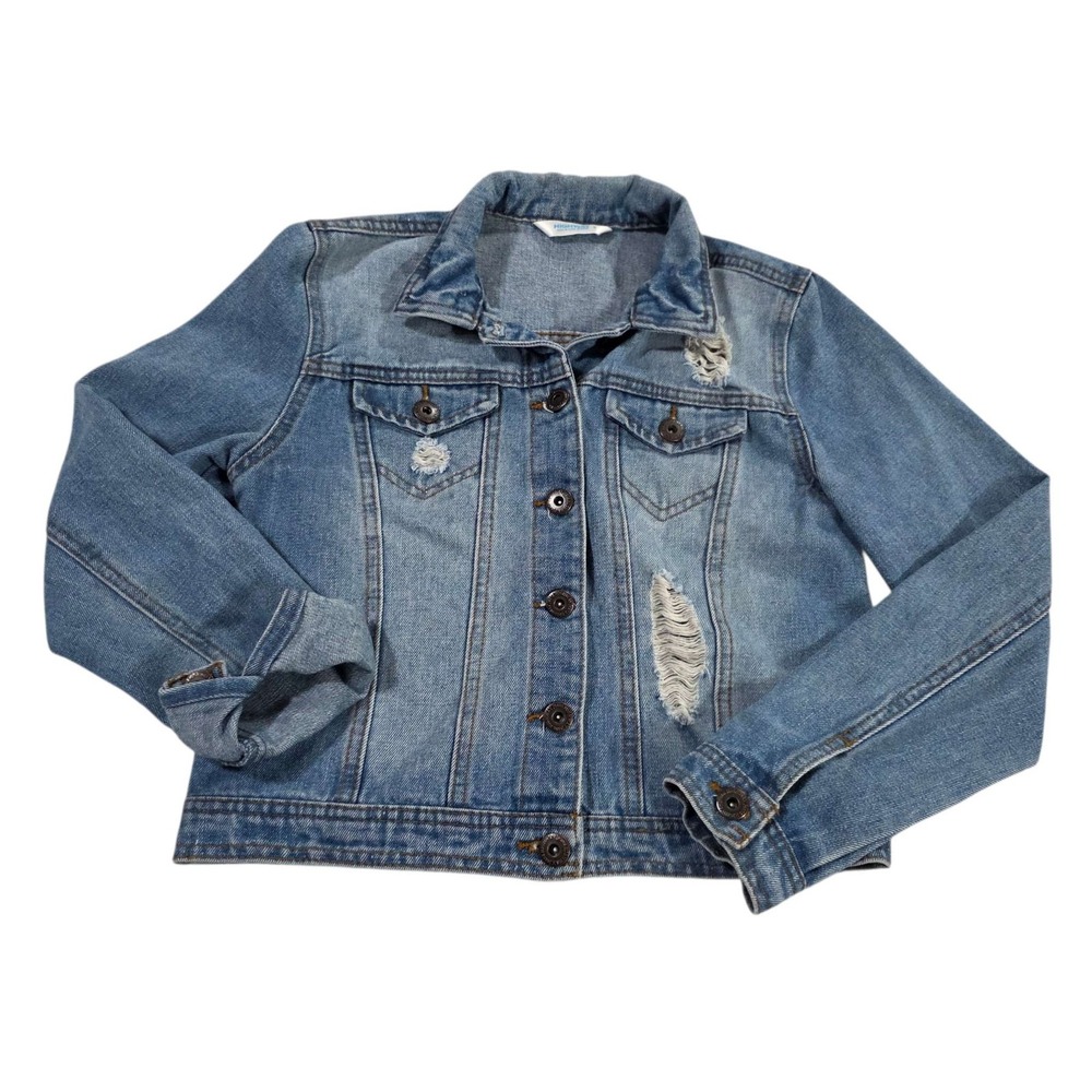 HIGHWAY Jeans Distressed‎ Denim Jacket Blue Size S Ripped Button Front Preppy
